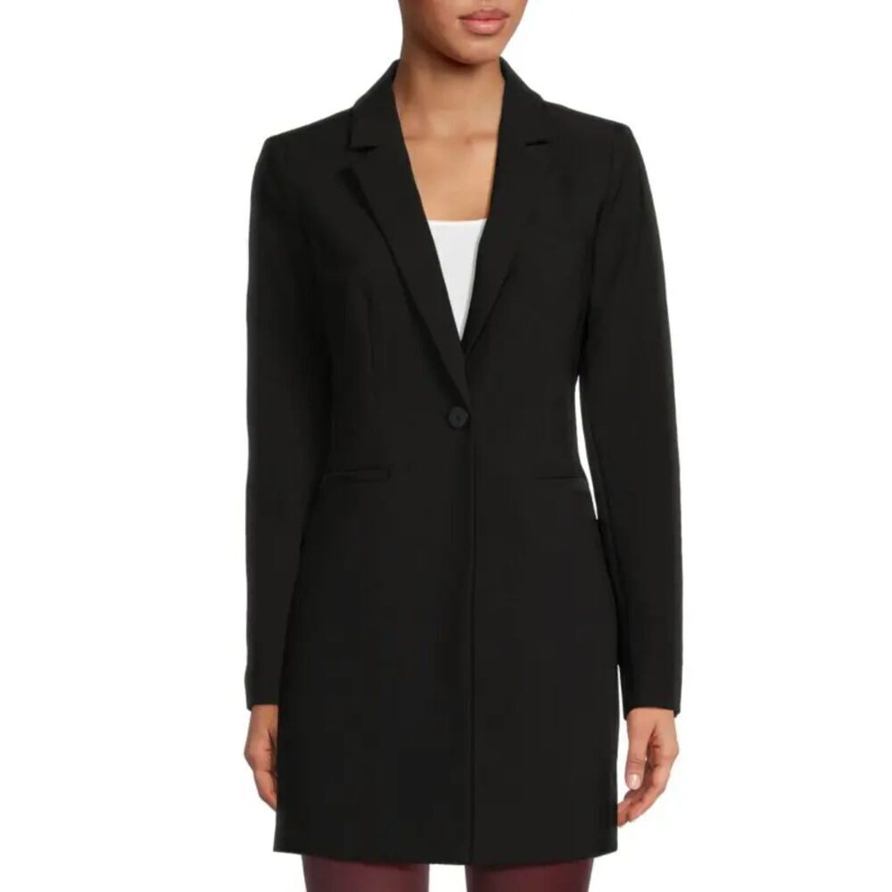 DKNY Women Made in Italy Wool Black Long Single Breasted 1 Button Blazer size 14